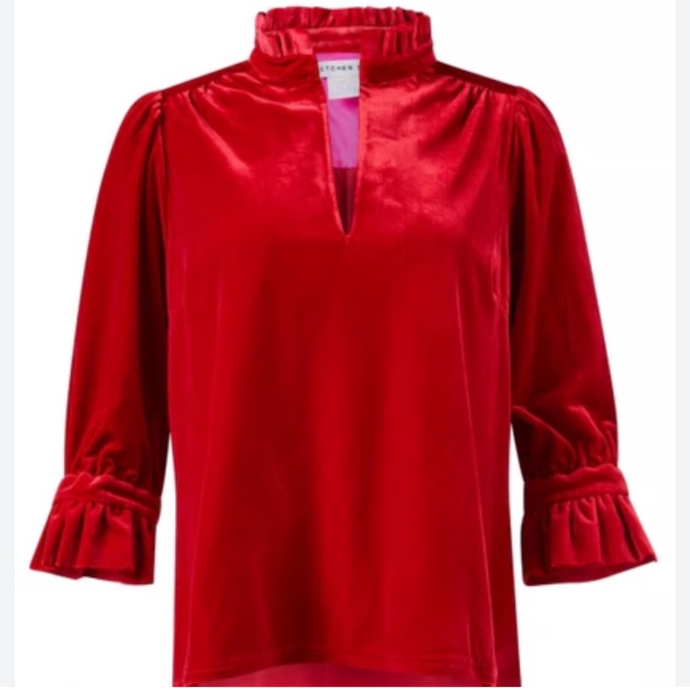 Gretchen Scott Designs Velvet Red Ruffled Blouse Size Small - Picture 3 of 7